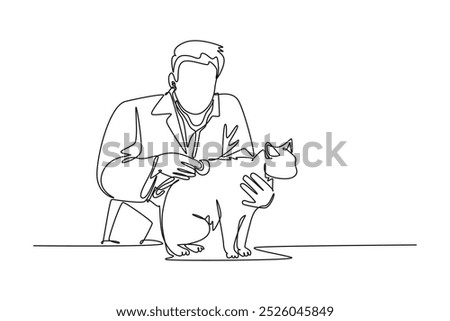 Single continuous line drawing male veterinarian examining and take care of a sick cat because of a bacteria. Pet health care service concept. Dynamic one line draw graphic design vector illustration