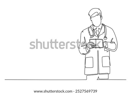 Single continuous line drawing male doctor holding tablet and searching medical record, giving medicine to patient. Medical health care service worker. One line draw graphic design vector illustration