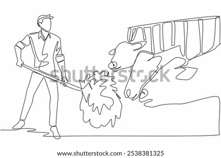 Single continuous line drawing male farmer raking grass giving it to cows. Good quality grass for livestock nutrition. Reliable breeder. National Farm Animals Day. One line design vector illustration