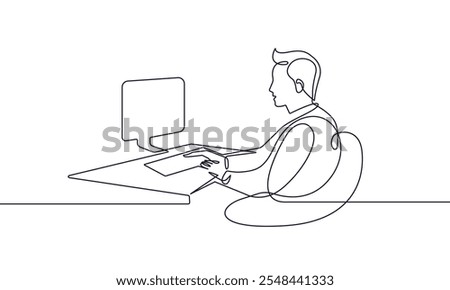 Single Continuous Line Drawing Male Working with Laptop. Business Concept Linear Minimalism Style. Man Working One Line Draw Vector Illustration for Trendy Graphic Design. Not AI