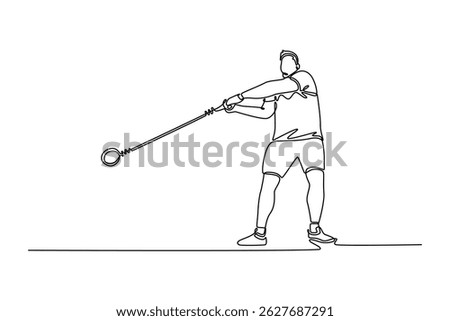 Single continuous line drawing male athlete performing a hammer throw in stadium. Powerful rotational technique, precise footwork, explosive strength. One line draw graphic design vector illustration