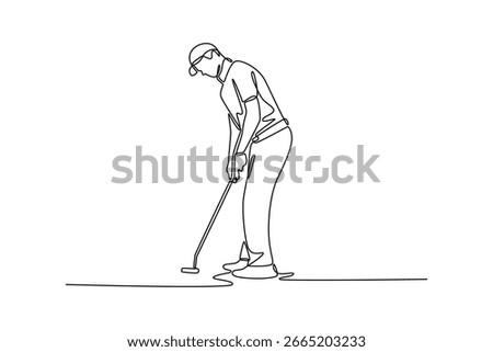 Single continuous line drawing male golfer in focused putting stance, depicting the intense concentration and precision required for this crucial and nerve wracking part of game. Vector illustration