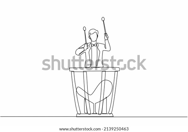 Single continuous line drawing male\
percussion player play on timpani. Man performer holding stick and\
playing musical instrument. Musical instrument timpani. One line\
draw design vector\
illustration