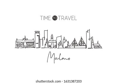 Single continuous line drawing of Malmo skyline, Sweden. Famous city scraper landscape. World travel destination home decor wall poster print concept. Modern one line draw design vector illustration