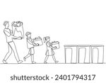 Single continuous line drawing man and his son and daughter brought rubbish bags and threw them in the rubbish bin. Teach from early age to keep environment clean. One line design vector illustration