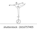 Single continuous line drawing a man in casual clothes standing on one leg on the seat of a unicycle. A show of skill and courage. Balance. Ride a Unicycle Day. One line design vector illustration