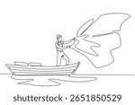 Single continuous line drawing a man wear a vest and hat stands on a wooden boat while casting a net. It is the month of the fish harvest. Fisherman Hold Fish. One line design vector illustration