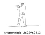 Single continuous line drawing man shooting athlete aiming pistol in stable, rear-facing stance, wearing ear protection and focused on target. Dynamic one line draw graphic design vector illustration