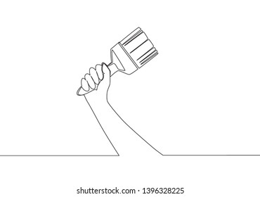 Single continuous line drawing of man holding paint brush. Handyman tools concept. One line draw vector design illustration