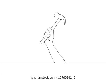 Single continuous line drawing of man holding hammer steel. Handyman tools concept. One line draw vector design illustration