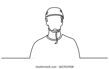 Single continuous line drawing of a man wearing a helmet. One line of man in a protective helmet. Bicyclist vector illustration.