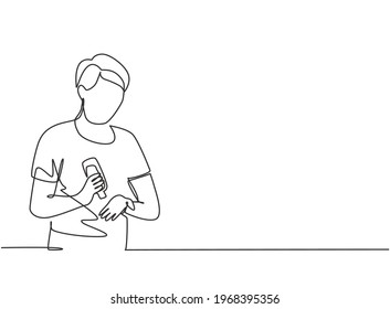 Single continuous line drawing man pours hand sanitizer into the palms of his hands to avoid germs and be more hygienic. Protection against covid-19. One line draw graphic design vector illustration.