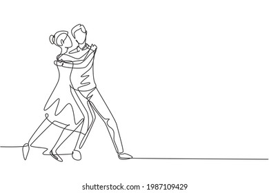 Single continuous line drawing man and woman performing dance at school, studio, party.  Male and female characters dancing tango at Milonga. Dynamic one line draw graphic design vector illustration