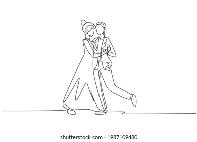 Single continuous line drawing man woman professional dancer couple dancing tango, waltz dances on dancing contest dancefloor. Romantic night. Dynamic one line draw graphic design vector illustration