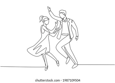 Single continuous line drawing man and woman performing dance at school, studio, party. Male and female characters dancing tango at Milonga. Dynamic one line draw graphic design vector illustration