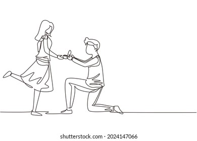 Single continuous line drawing man kneeling offering engagement ring to his girlfriend. Young guy on knees proposing girl to marry. Marriage proposal concept. One line draw design vector illustration