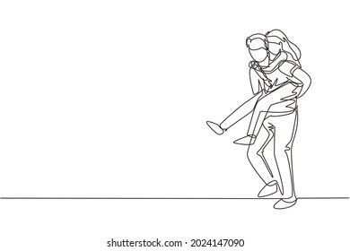 Single continuous line drawing Man carry his girlfriend on his back. Happy romantic couple in love. Relationship concept in always supporting and helping in any situation. One line draw graphic vector