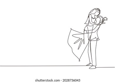 Single continuous line drawing man lift up woman wearing wedding dress with rose flower. Boy surprises his girl and giving flowers. Engagement and love relation. One line draw graphic design vector