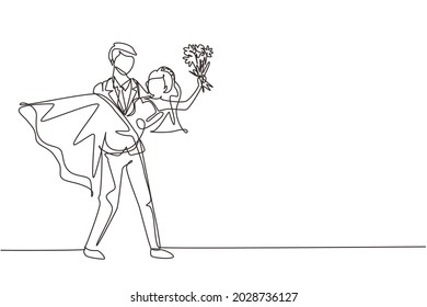 Single continuous line drawing man holding a woman wearing wedding dress with bouquet. Boy in love giving flowers. Happy couple getting ready for wedding party. One line draw graphic design vector - Shutterstock ID 2028736127