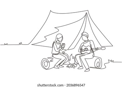 Single continuous line drawing man woman getting warm near campfire. Girl drinking tea and guy playing guitar, sitting on logs. Couple near bonfire, romantic date camping. One line draw design vector