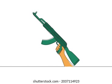 Single Continuous Line Drawing Of Man Holding Military Assault Rifle Gun. Defense Weapon Concept. One Line Draw Vector Design Illustration