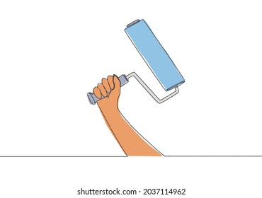 Single continuous line drawing of man holding roller painter. Handyman tools concept. One line draw vector design illustration