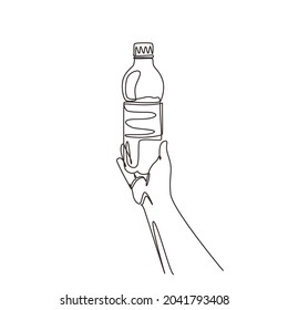 Single continuous line drawing man squeezes in his hand an empty plastic bottle on white background. Plastic problem and failure or disposal and recycling. One line draw design vector illustration