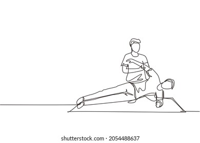 Single continuous line drawing man patient lying on the floor masseur therapist doing healing treatment massaging patient body manual sport physical therapy. One line draw design vector illustration