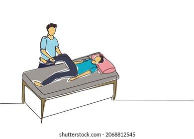 Single Continuous Line Drawing Man Lying On Massage Table Professional Masseur Therapist Doing Healing Treatment Massaging Patient Treating Knee Manual Physical Therapy. One Line Draw Design Vector