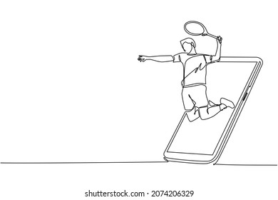 Single continuous line drawing man tennis player jump hit the ball getting out of smartphone screen. Mobile sports play matches. Online tennis game with live mobile app. One line draw design vector