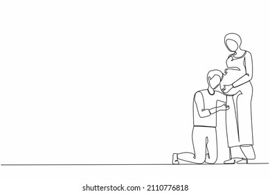 Single continuous line drawing man or husband kneel down and listening to his Arabic pregnant wife belly, expecting new born baby. Future parents character. One line graphic design vector illustration