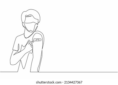 Single Continuous Line Drawing Man Showing His Arm With Band Aid After Coronavirus Covid-19 Vaccine, Wearing Medical Mask. Vaccination, Fight Against Coronavirus. One Line Draw Graphic Design Vector