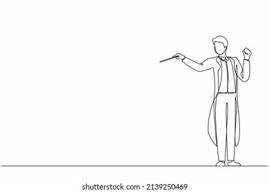 Single continuous line drawing man music orchestra conductor. Male musician in tuxedo suit with arm gestures. Expressive conductor directs orchestra during performance. One line graphic design vector