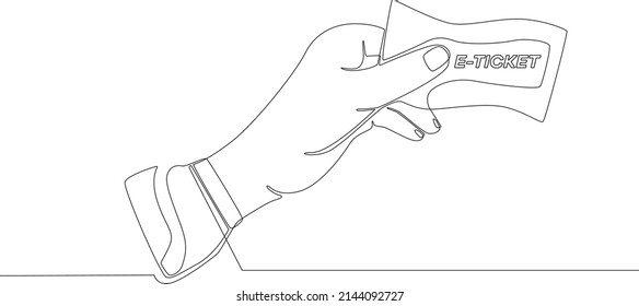 Single continuous line drawing of Man is holding e-tickets for the plane. one line draw design graphic vector illustration.