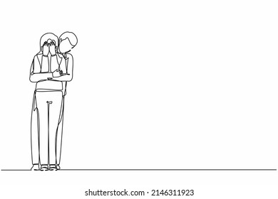 Single continuous line drawing man husband calming his crying woman wife, embracing her from her back. Helping her to cope with her sadness and depression. One line graphic design vector illustration