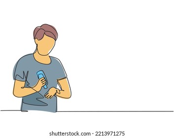 Single continuous line drawing man pours hand sanitizer into the palms of his hands to avoid germs and be more hygienic. Protection against covid-19. One line draw graphic design vector illustration.