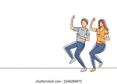 Single continuous line drawing man and woman dancing Lindy hop or Swing. Male and female characters performing dance at school. Happy couple. Dynamic one line draw graphic design vector illustration