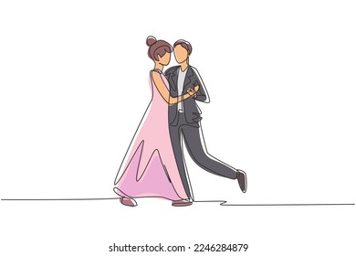 Single continuous line drawing man woman professional dancer couple dancing tango, waltz dances on dancing contest dancefloor. Romantic night. Dynamic one line draw graphic design vector illustration