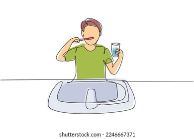 Un único dibujante de línea continua cepillando sus dientes en el lavabo. Los hábitos rutinarios cada mañana para la limpieza, la salud y la frescura de la boca y los dientes. ilustración vectorial de diseño gráfico de una línea