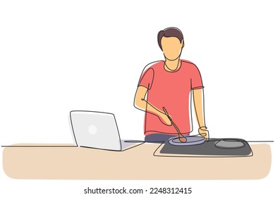 Single continuous line drawing man cooking dinner has video call conversation in kitchen. Male talking with friend using application on laptop. Dynamic one line draw graphic design vector illustration