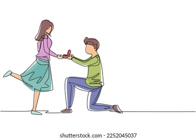 Single continuous line drawing man kneeling offering engagement ring to his girlfriend. Young guy on knees proposing girl to marry. Marriage proposal concept. One line draw design vector illustration