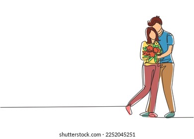 Single continuous line drawing man gives flowers to woman and hug her. Young man giving to woman bouquet of flowers for propose. Happy romantic couple in love. One line draw graphic design vector