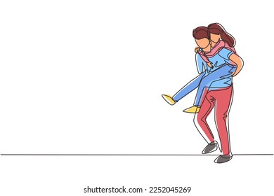 Single continuous line drawing Man carry his girlfriend on his back. Happy romantic couple in love. Relationship concept in always supporting and helping in any situation. One line draw graphic vector