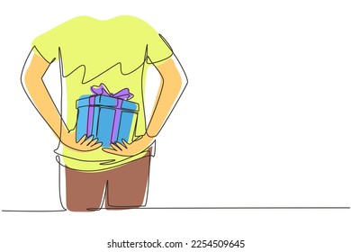 Single continuous line drawing man surprise his girlfriend by giving gift, romantic surprise. Birthday presents cardboard box with ribbon bow. Dynamic one line draw graphic design vector illustration