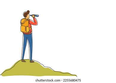 Single continuous line drawing man with backpack, binoculars in summer mountain landscape, outdoor activity, travel, camping, backpacking trip or expedition. One line draw design vector illustration
