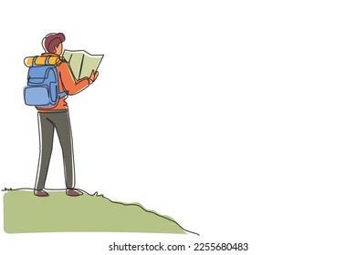 Single continuous line drawing man hiker with backpack and map hiking in mountains or forest and exploring nature. Active outdoor travelling. Dynamic one line draw graphic design vector illustration