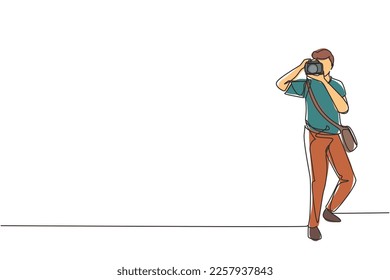 Single continuous line drawing man with camera and sling bag taking pictures. Paparazzi or journalist occupation, digital photography hobby. Dynamic one line draw graphic design vector illustration