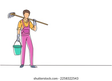 Plano de corte de un solo dibujo de línea continua, conserje de limpieza de uniforme y cubo, concepto de servicio de limpieza. Trabajadores del servicio doméstico o del servicio de limpieza, conserje. vector de diseño de trazos de una línea