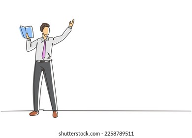 Single continuous line drawing man teacher teaching lesson in front classroom with open book. College class or university teacher teach. Male teaching of sociology. One line draw graphic design vector