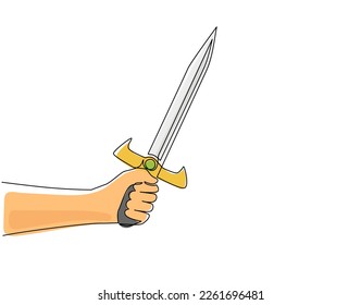 Single continuous line drawing man hand hold sword warrior. Hand of warrior with sword. Design of warriors hand holding medieval sharp sword. Dynamic one line draw graphic design vector illustration